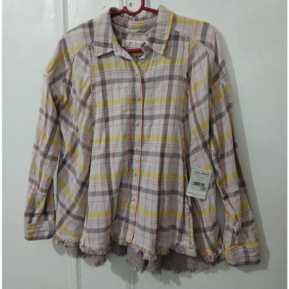 Free People Plaid Button-Up Blouse - Yellow and Pink